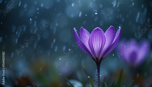 A Stunning Purple Crocus Flower in the Rain, Close-Up Macro Photography