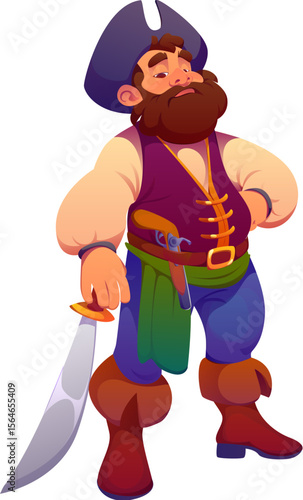 Cartoon pirate ship crew character or corsair with swords and musket gun, vector personage. Caribbean pirate or corsair boatswain and sailor filibuster in captain tricorne hat with saber sword