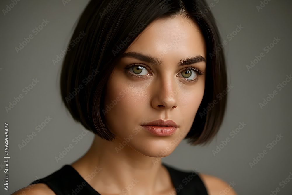 Confident Brunette Woman with a Short Bob Hairstyle in Studio Light Confident Brunette Woman with a Short Bob Hairstyle in Studio Light