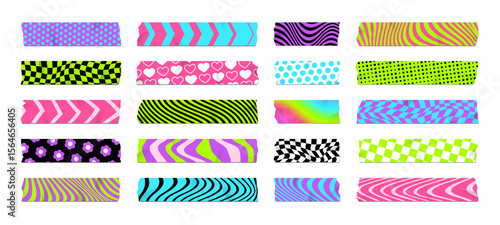 Adhesive color Y2K washi tape pieces of scrapbook paper scotch with patterns, vector sticker elements. Washi tape sticky strip pieces of ribbon of frame stripes with Y2K pattern of flowers and hearts