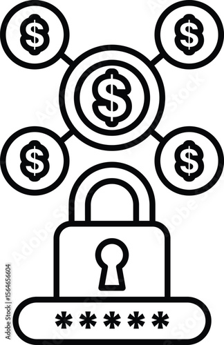 A black and white image of a lock with a bunch of dollar bills surrounding it