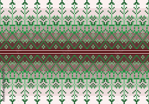 A vibrant green tones textile pattern with geometric and floral motifs. This symmetrical design blends traditional elements and a digital pixel style, inspired by nature and cultural symbolism.