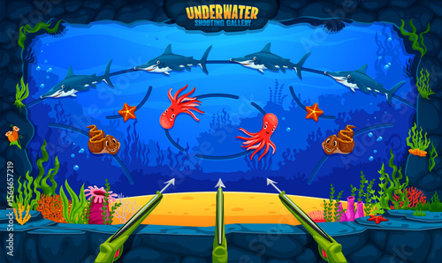Underwater hunting carnival shoot game amusement park shooting range gallery with cartoon octopuses, hammerhead sharks, starfish, moray eels marine animals, seaweed and harpoon guns, vector Fun arcade