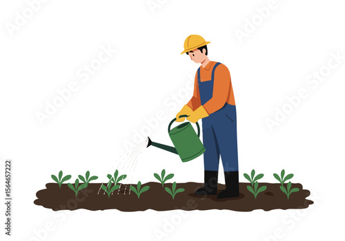 A construction worker waters crops in a field.  Clear, bright illustration.  Ideal for agriculture, farming, and sustainability themes.