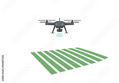 A drone scans a green field, capturing crop data. Modern agricultural technology for precision farming. Clean, vector illustration.