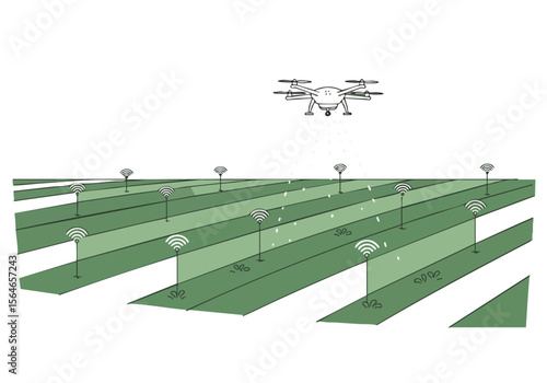 A drone sprays a field with targeted precision, utilizing wireless sensors for optimized agriculture. Modern farming technology in action.