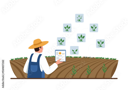A farmer examines data on a tablet, observing crops in a field. Modern agricultural technology, showcasing sustainable farming practices. Clear, bright, and informative.