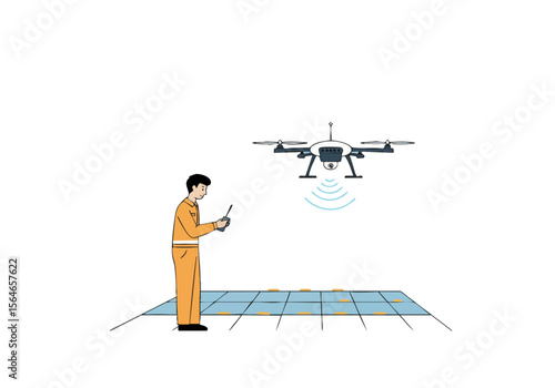 A technician controls a test drone, using a remote controller. The drone emits a signal, demonstrating aerial technology. Clean, modern setting.