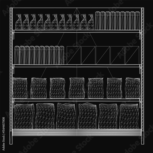 A black and white drawing of a shop shelf filled with bottles and various objects, arranged neatly on a dark rack. The dark background creates a mysterious and vintage atmosphere, perfect for themes.