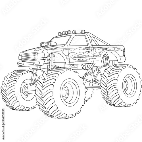 Black-and-white line art of a powerful monster truck with oversized tires, flame decals, and rooftop lights, shown in an elevated side view.