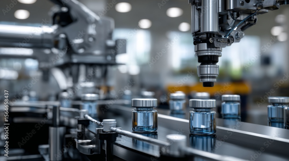 Automated Pharmaceutical Production Line Robotic Arm Handling Vials Medicine Automated Pharmaceutical Production Line Robotic Arm Handling Vials Medicine
