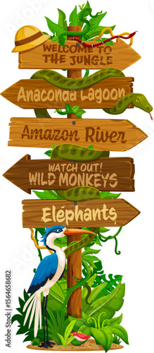 Cartoon wooden jungle signboard or rain forest signage and vector directional sign board. Amazon wooden signboard with direction arrows to jungle route to tropical wild animals for African Safari zoo