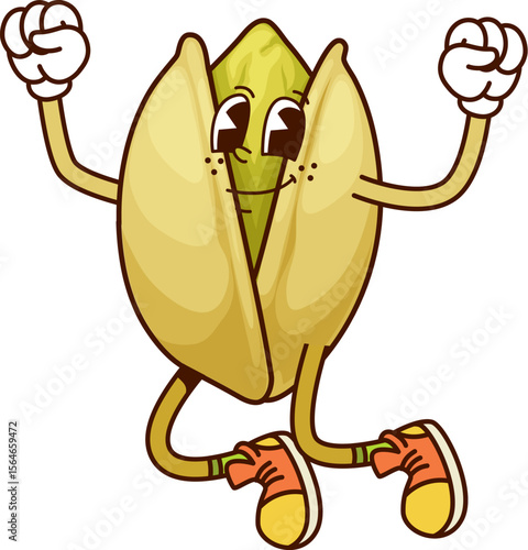 Cartoon groovy pistachio nut with funny face and happy smile, vector comic emoji. Groovy pistachio nut or seed in husk jumping in good mood or joy emotion for legume and seeds food cartoon character