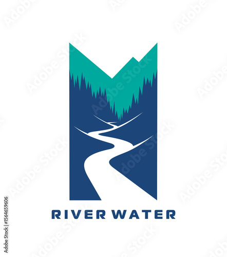 River water and road path in mountains icon for travel and nature, vector emblem. River valley with mountains and forest landscape silhouette, icon for tourism company, camping or corporate brand