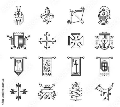 Heraldry line icons of armor and coat of arms, pennants and crosses, vector set. Heraldic icons of Medieval heraldry, shield and crown with arrow, knight helmet and royal crest with sword and keys