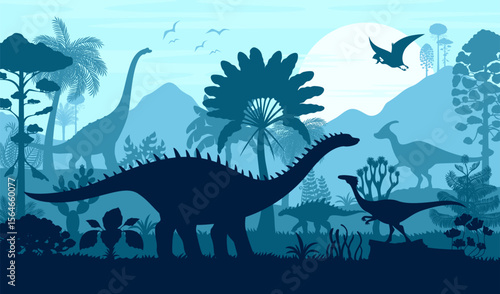 Dinosaur silhouettes at prehistoric landscape of Jurassic tropical jungle, vector background. Dinosaur silhouettes in prehistoric era forest, giant lizard reptiles with pterodactyls for paleontology