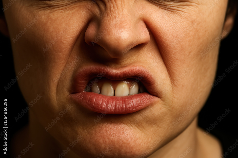 Fototapeta premium Expression of Disgust: A close-up of an expressive face reveals intense disgust, where wrinkled nose, grimace, and tightly pursed lips.