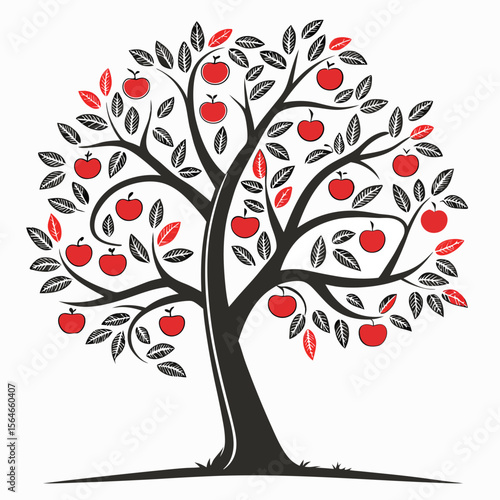 Graphic stylized apple tree vector icon, plump fruits, ideal for healthy food promotions and organic farm labels