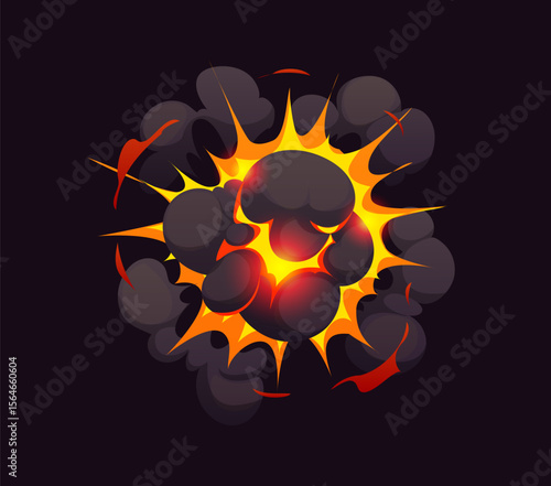 Bomb explosion blast effect for cartoon comic with boom clouds and fire smoke, vector explode. Nuclear bomb explosion explosive TNT dynamite boom with energy blast and bursting smoke clouds effect