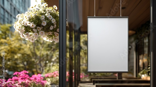 Poster promotion design mockup. Vertical empty white blank paper advertising banner frame template mock up displayed on the front of cafe bar restaurant or coffee shop window .