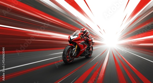 A motorcyclist speeds down a road, motion blur suggesting high velocity and excitement.