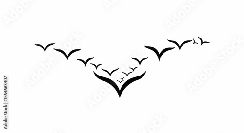 Bird Flock Flying in V Formation Silhouette on White Background, Migrating Birds Vector Illustration