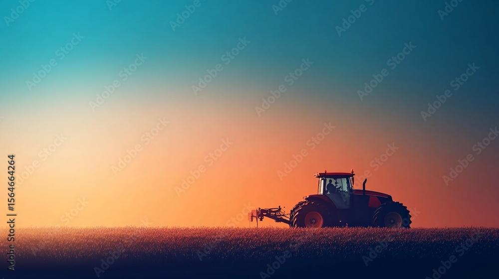 Fototapeta premium Silhouette of a tractor on a field during captivating sunset scenery