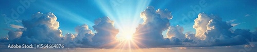 Breathtaking Celestial Scene Sun Rays Burst Through Dramatic Parting Clouds, Revealing Vibrant Blue Sky