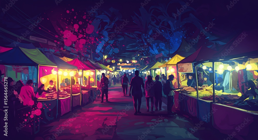 Obraz premium Night market bustling with people, illuminated stalls, and vibrant atmosphere.