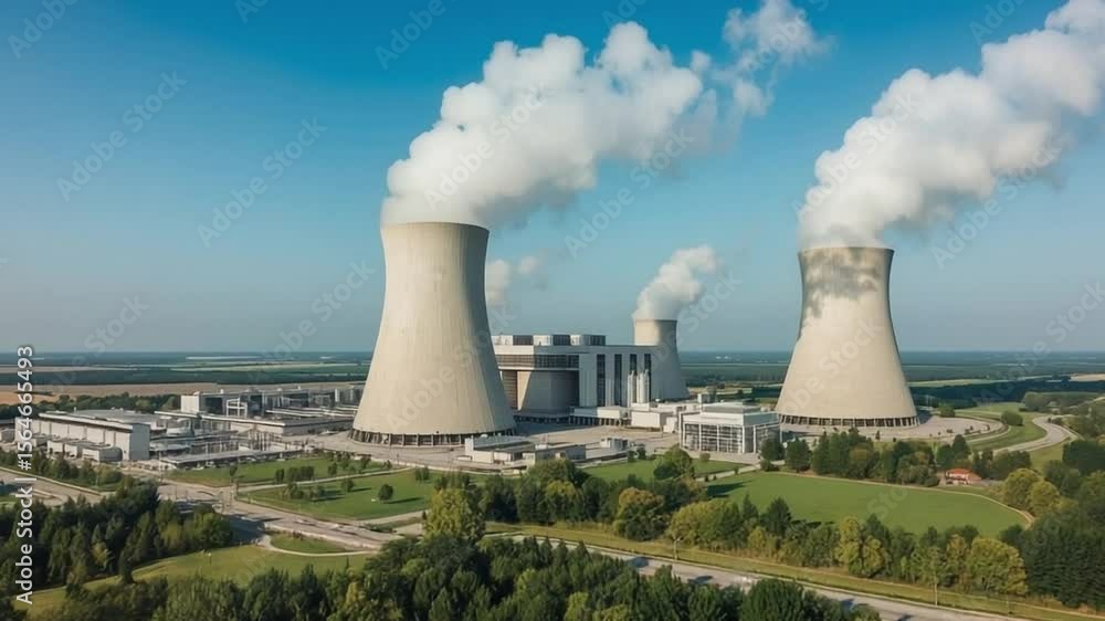 Nuclear Power Plant with Cooling Towers Emitting Steam in Clear Weather Nuclear Power Plant with Cooling Towers Emitting Steam in Clear Weather