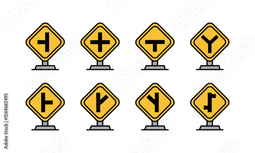 Free Download Set of road intersection warning signs, including T-junctions, cross-roads, and Y-junctions. Yellow diamond shape. Traffic safety, road rules, and warning concept. - GFXLoad