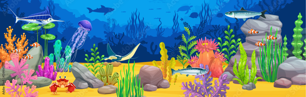 Εκτύπωση καμβά Underwater landscape for game background with manta ray, marlin and fishes, cartoon vector
