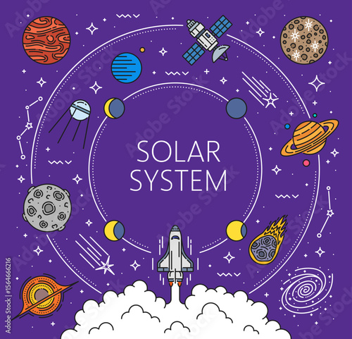 Space rocket start to alien planets, line solar system and galaxy landscape, vector spaceships and satellites. Solar system planets with rocket shuttle spaceflight launch, earth planet and asteroids