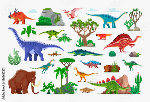 Prehistoric dinosaur characters and plants. Vector set of dino species like stegosaurus, styracosaurus, pteranodon and mammoth, prehistoric vegetation and landscapes like trees, rocks, and ferns