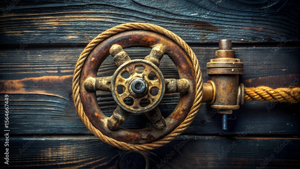 Obraz premium An aged rusty metal wheel with a thick rope wrapped around it is set against a dark wooden background, creating a vintage industrial aesthetic