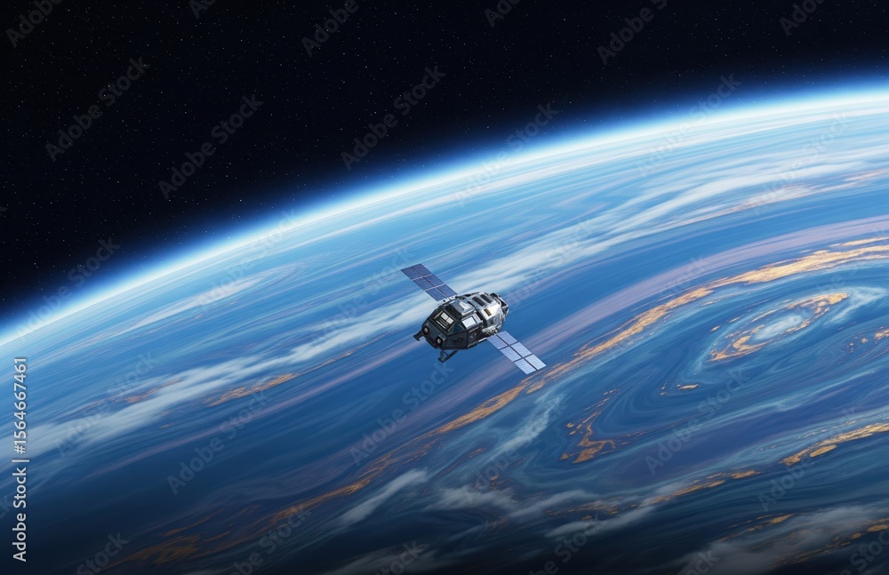 Fototapeta premium A spacecraft circles a glowing planet surrounded by soft cloud layers and distant stars, evoking a sense of peace and cosmic silence