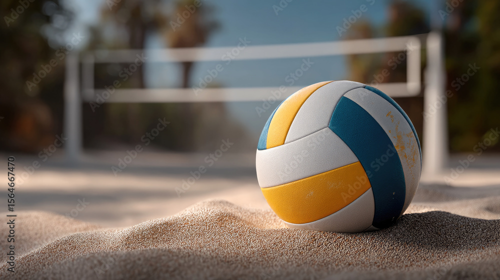 Fototapeta premium Beach volleyball ball on sandy court with net in background, vibrant colors, outdoor summer sport, sunny day, energetic atmosphere
