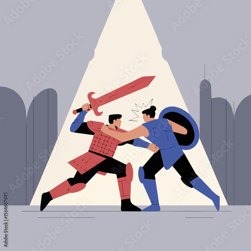 Epic Medieval Knight Duel Battle - Vector Illustration