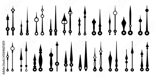 Isolated clock hands, time pointers, watch arrows. Vector monochrome elements set, essential components of analog clock in various shapes and sizes. Hour and minute hand pairs for accurate timekeeping
