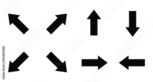 A collection of eight solid black arrows are displayed on a white background, each pointing in a different direction: up, down, left, right, and diagonally.