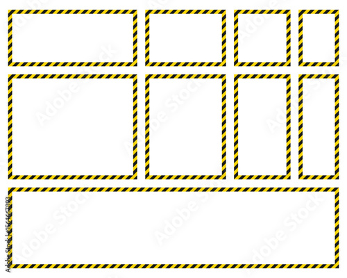 An assortment of rectangular and square frames outlined with yellow and black diagonal warning tape pattern over a clean white backdrop. Use for caution signs or displays.