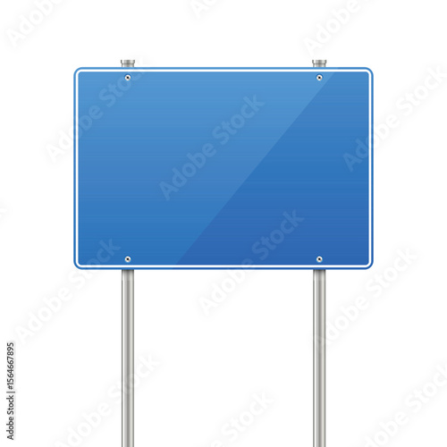 A blank, rectangular blue sign with a thin white border is supported by two metal poles. The sign is clean and shiny, reflecting light. Isolated on white.