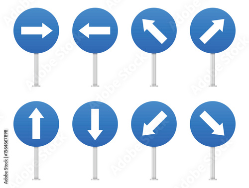 Eight blue circular signs, each featuring a white arrow pointing in different directions: right, left, up, down, and various diagonal angles, indicating directions.