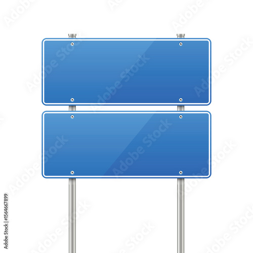 A blank double blue road sign with white borders, mounted on metal posts. The signs are clean and reflective, set against a plain white background in isolation.