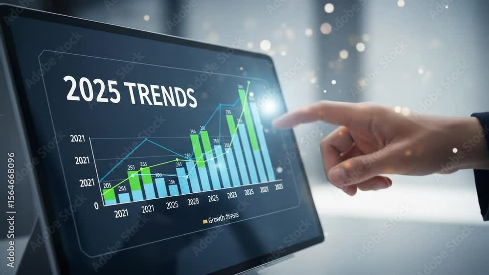 Interactive graph displays 2025 business trend projections, showing growth across years. A hand interacts with the screen, highlighting upward trajectory and future potential Interactive graph displays 2025 business trend projections, showing growth across years. A hand interacts with the screen, highlighting upward trajectory and future potential