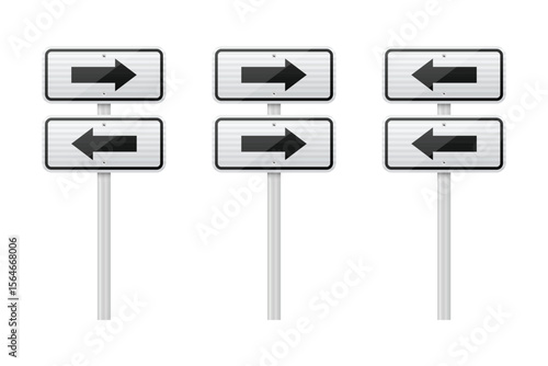 Three pairs of directional signs mounted on gray posts. Each sign displays arrows pointing either left or right, aiding navigation and route determination for travelers.