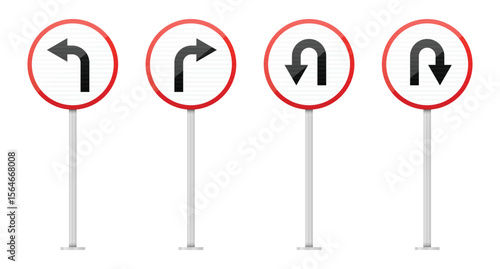 A collection of four circular traffic signs with red borders and white interiors, each displaying different turn instructions: left, right and downward u-turns. 