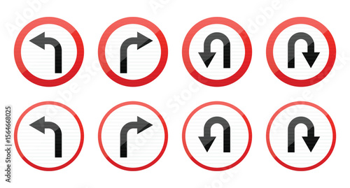 The image shows a collection of traffic signs with white backgrounds and red borders. The signs display various turn instructions including left and right turns as well as U-turns.