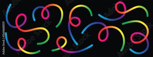 A playful and abstract pattern featuring multiple rainbow-colored swirls on a stark black background. The design conveys fun, energy, and creativity in its simplicity.