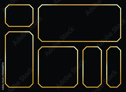 Wallpaper Mural A collection of geometric frames with rounded corners, featuring gold outlines, set against a solid black background. The frames vary in size and orientation, creating a structured pattern. Torontodigital.ca